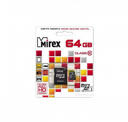 Карта памяти MicroSD 64Gb Mirex SDXC Class 10 UHS-I (SD адаптер)