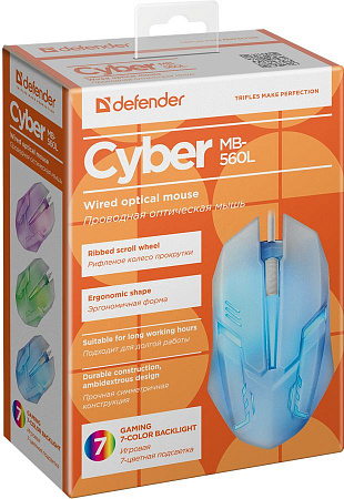 Проводная оптическая мышь Defender Cyber MB-560L белый (7цветов, 3кнопки, 1200dpi)