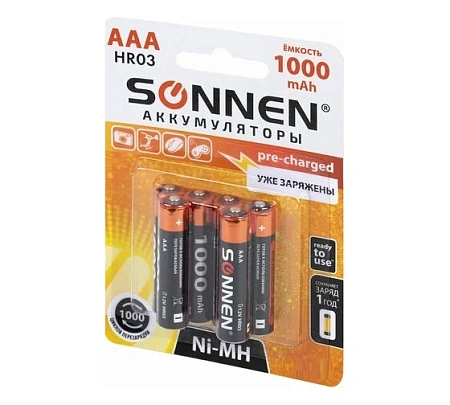 Батарейки аккумуляторные Ni-Mh мизинчиковые ААA (HR03) 1000 mAh, SONNEN, 455610