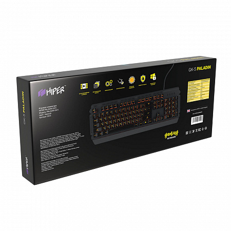 Игровая клавиатура HIPER GK-5 PALADIN  чёрная (USB,Xianghu Blue switches,Янтарная подсветка,Влагозащ