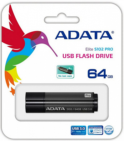 USB-флеш-накопитель 64Gb A-DATA S102 PRO, USB 3.1, Серый алюминий (Read 600X)