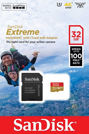 Карта памяти MicroSD 32Gb SanDisk SDHC Class 10 UHS-I A1 for Action Cameras (SD адаптер ) 100MB/s