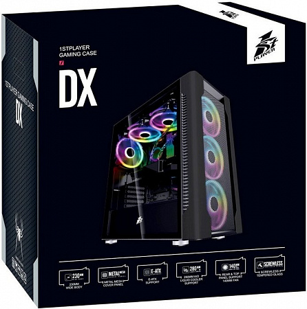 Корпус 1STPLAYER DK DX BLACK (E-ATX, tempered glass, fans controller & remote / 3x 140mm RGB fans i