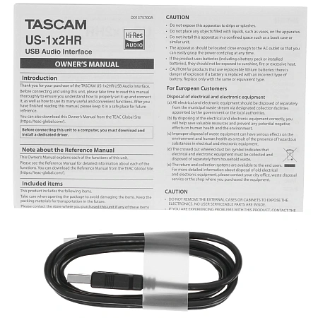 Внешняя звуковая карта Tascam US-1x2HR USB формат звуковой карты 2.0,USB Type-C,24бит/192 кГц,AS