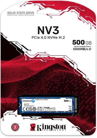 Накопитель SSD M.2 500Gb Kingston NV3 NVMe (PCIe4.0x4,3DTLC,R/W5000/3000Mb/s,TBW160) SNV3S/500G