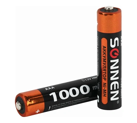 Батарейки аккумуляторные Ni-Mh мизинчиковые ААA (HR03) 1000 mAh, SONNEN, 455611