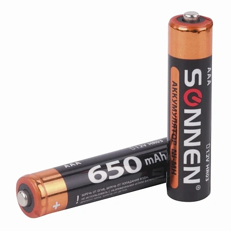 Батарейки аккумуляторные Ni-Mh мизинчиковые КОМПЛЕКТ 2 шт ААA (HR03) 650 mAh, SONNEN, 454236