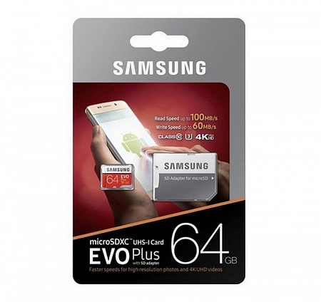 Карта памяти MicroSD 64Gb Samsung EVO Plus v2 UHS-I U3 + SD Adapter (R100/W60Mb/s)