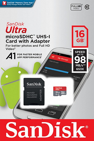 Карта памяти MicroSD 16Gb SanDisk SDXC Class 10 Ultra (SD адаптер) 100MB/s