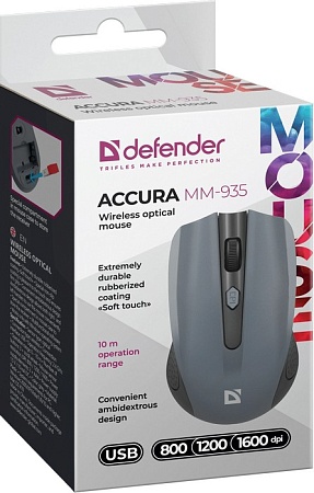 Беспроводная оптическая мышь Defender Accura MM-935 серый, 4 кнопки, 800-1600 dpi