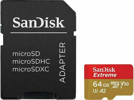 Карта памяти MicroSD 64Gb SanDisk SDXC Class 10 UHS-I A2 C10 V30 U3 Extreme (SD адаптер ) 160MB/s