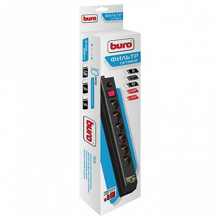 Сетевой фильтр 3м Buro BU-SP3_USB_2A-B 3м (6 розеток) черный (коробка)
