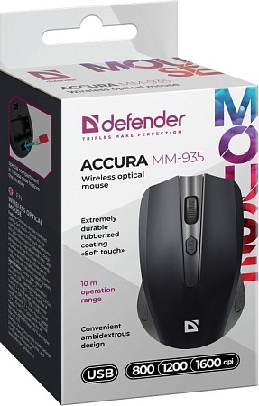 Беспроводная оптическая мышь Defender Accura MM-935 черный, 4 кнопки, 800-1600 dpi