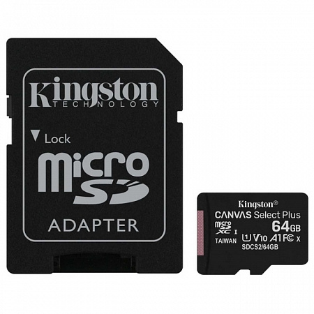 Карта памяти MicroSDXC 64Gb Kingston Class 10 UHS-I U1 Canvas Select Plus (SD адаптер) 100MB/s