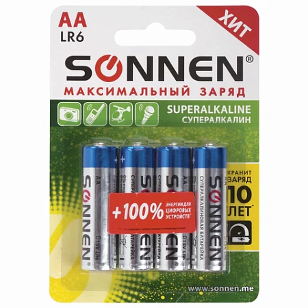 Батарейки КОМПЛЕКТ 4шт, SONNEN Super Alkaline, АА(LR6,15А), алкалиновые, пальчиковые, 451094