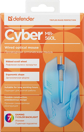Проводная оптическая мышь Defender Cyber MB-560L белый (7цветов, 3кнопки, 1200dpi)